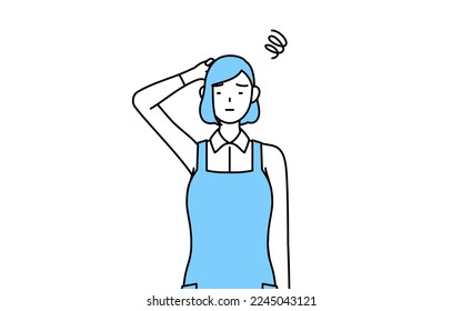 A woman in an apron scratching his head in distress.