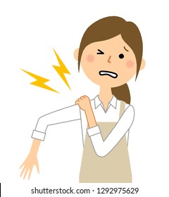 A woman in an apron is a shoulder pain illustration.