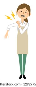 A woman in an apron is a shoulder pain illustration.