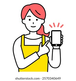 woman in an apron showing a smartphone screen and explaining