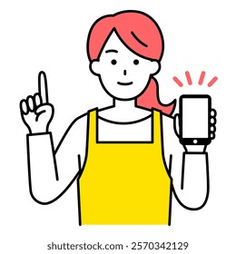 Woman in an apron showing a smartphone screen and explaining