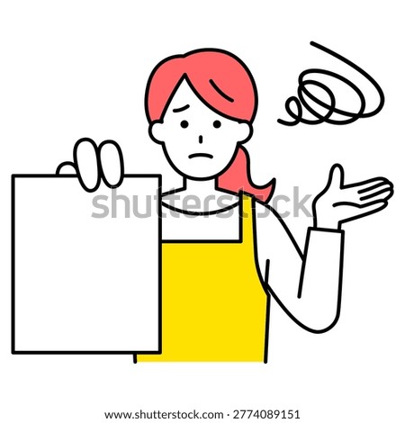 A woman in an apron is shown some documents and appears distressed.
