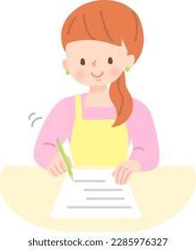 Woman in apron smiling and writing documents