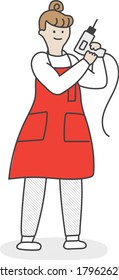 A woman with an apron is standing with an electric drill