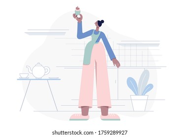 Woman in the apron stands in the kitchen and holds a muffin. Homemade cake. Flat geometric style vector illustration. 