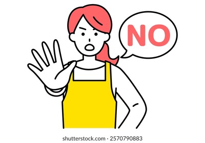 Woman in an apron sticking out her right hand to say NO