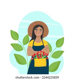 Woman in apron and straw hat. Vector illustration in flat style. Woman gardener growing flowers