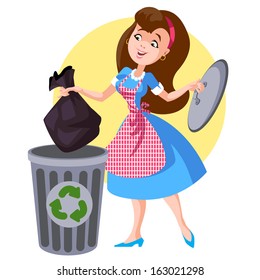 A woman in an apron throws trash