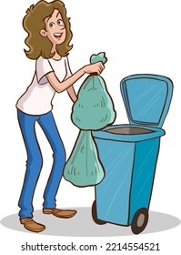 A woman in an apron throws trash