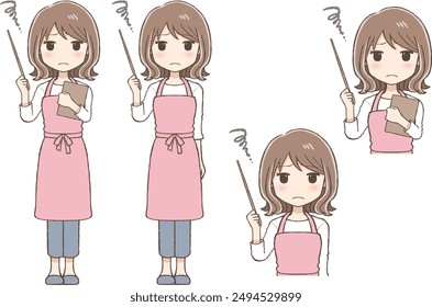 A Woman in an Apron with a Troubled Expression Explaining with a Pointer