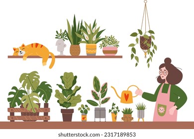 A woman in an apron watering houseplants, cartoon style. Potted plants for interior. Urban Cozy home gardening hobby. Trendy modern isolated vector illustration, hand drawn, flat.