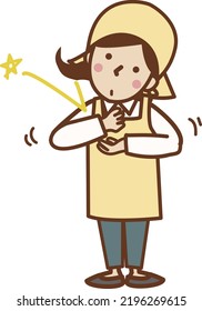 A woman in an apron who flashes and clap her hands.	