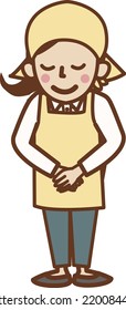 A woman in an apron who folds her hands in front of her and bows.