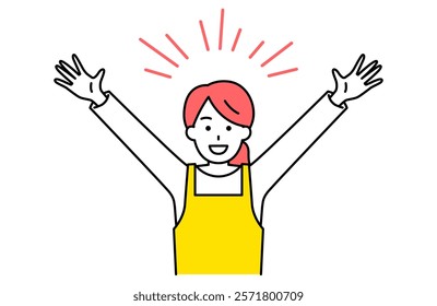 Woman in an apron who is overjoyed with her hands raised