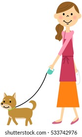 A woman of an apron who takes a walk of a dog