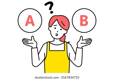 Woman in an apron wondering between options A and B