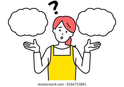 Woman in an apron wondering between two options