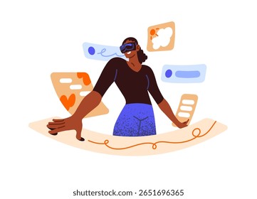Woman in AR goggles is interacting with virtual interface in augmented reality. Girl in glasses of visual tech controls simulation. VR technology concept. Flat isolated vector illustration on white