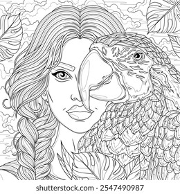 Uma mulher e uma ara parrot.Coloring livro antistress para crianças e adultos. Ilustração isolada no estilo background.Zen-tangle branco. Desenho da mão