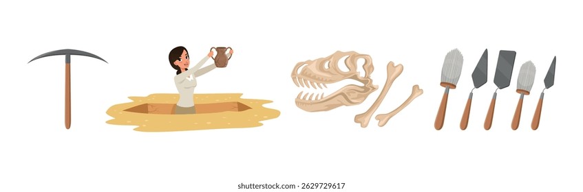 Woman at Archaeological Excavation with Tools Vector Set