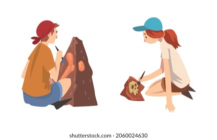 Woman Archaeologist With Brush Searching For Material Remains Vector Set