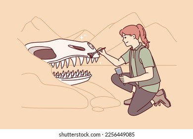 Woman archaeologist near giant dinosaur skull cleans head ancient animal with brush. Girl explorer kneeling down participates in excavation, carefully removing skeleton from sand. Flat vector design 