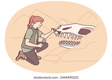 Woman archaeologist near giant dinosaur skull cleans head ancient animal with brush. Girl explorer kneeling down participates in excavation, carefully removing skeleton from sand. Flat vector design