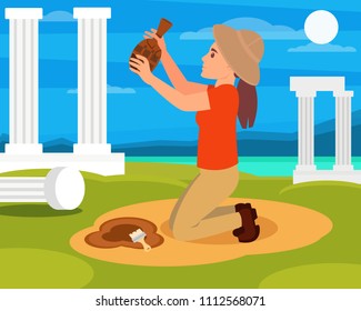 Woman archaeologist with old ceramic jug in hands. Archaeological excavations in Greece. Columns, sea and blue sky on background. Flat vector design