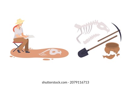 Woman Archaeologist With Pickaxe Searching For Material Remains Vector Set