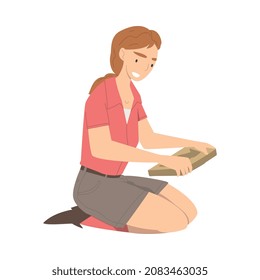 Woman Archaeologist Sitting with Ancient Ecofact Working on Excavations in Search of Archaeological Remains Vector Illustration