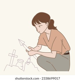 Woman as archaeologist squatting down, holding brush and looking at ancient spare and objects on archaeological excavation digging site. Hand drawn flat cartoon character vector illustration.