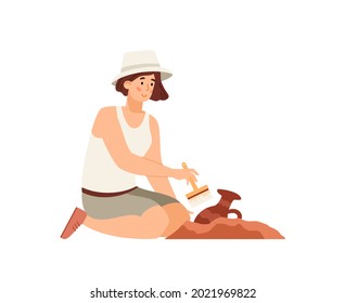 Una arqueóloga trabaja en la limpieza de excavaciones arqueológicas de la antigua jarra de cerámica. Restos de investigación de personajes femeninos de antiguas civilizaciones. Ilustración vectorial plana.