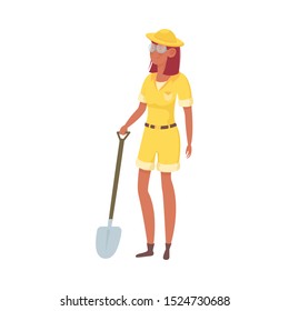 Woman archaeologist in yellow clothing holding shovel vector illustration