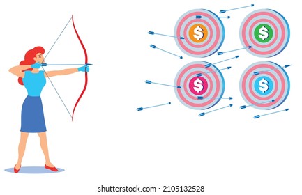 A woman archer aims an arrow at four targets. The bullseye of each target is a dollar sign.