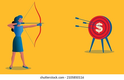 A woman archer aims at a target with a dollar sign on it.
