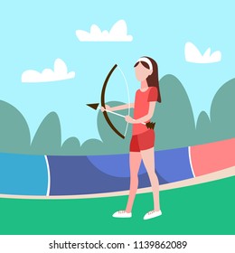 woman archer holding bow arrow female sport activity cartoon character full length flat vector illustration