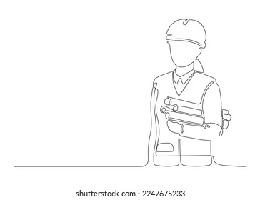 Woman architect builder holding blueprint paper in arm, single continuous line drawing. Professional worker in helmet. Plan of building construction on paper. Minimalism one art line draw. Vector