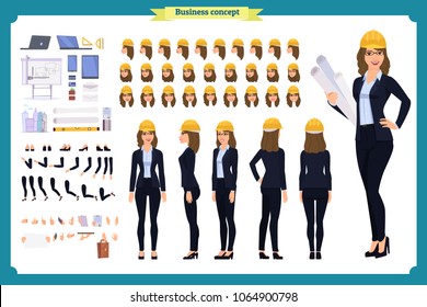 Woman architect in business suit and protective helmet. Character creation set. Full length, different views, emotions and gestures. Build your own design. Cartoon flat-style infographic illustration