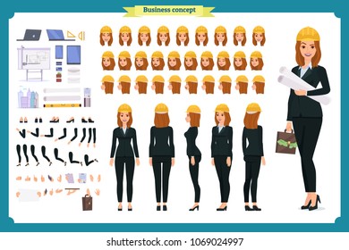 Woman architect in business suit and protective helmet. Character creation set. Full length, different views, emotions and gestures. Build your own design. Cartoon flat-style infographic illustration