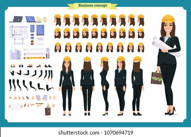 Woman architect in business suit and protective helmet. Character creation set. Full length, different views, emotions and gestures. Build your own design. Cartoon flat-style infographic illustration