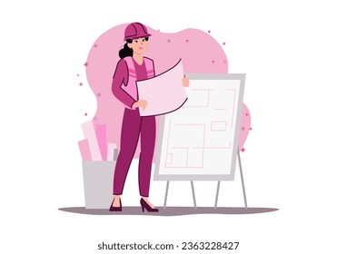 Woman architect concept with people scene in the flat cartoon style. A woman develops a house project in detail so that people can live there comfortably. Vector illustration.