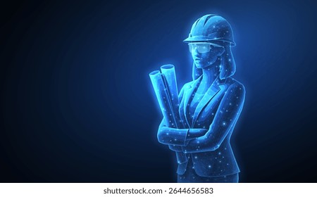 Arquiteta mulher. Construção, desenvolvimento, arquitetura, ilustração de conceito de ia ou fundo. Ilustração em modelo de arame poligonal em azul escuro.