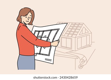 Woman architect creates engineering plans and models of future houses, working in construction office. Girl architect from architectural company holds room-by-room plan of mansion and looks at screen