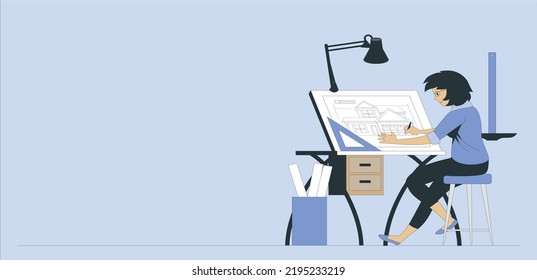 Woman Architect Creator Drafting Flat Cartoon Vector Illustration. Architectural Desk for Sketching. Large Sheet Paper, Ruler Architect Workplace. Engineer Workshop. Creating Project. illustration