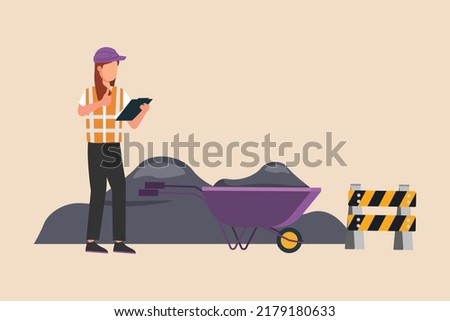 Woman architect with hard hat, checking note and showing thumbs up at construction site. Modern woman concept. Colored flat vector illustration isolated.