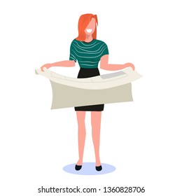 woman architect holding blueprint happy female engineer panning project construction industry concept professional occupation full length flat