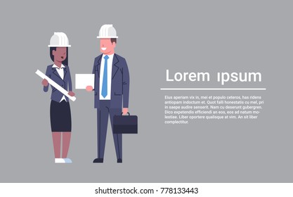 Woman Architect Meeting With Business Man Discussing Blueprint Of Building Construction Workers Concept Flat Vector Illustration