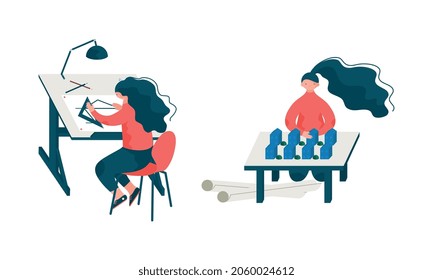 Woman Architect at Table Designing Project and Blueprint for Building Construction Vector Set