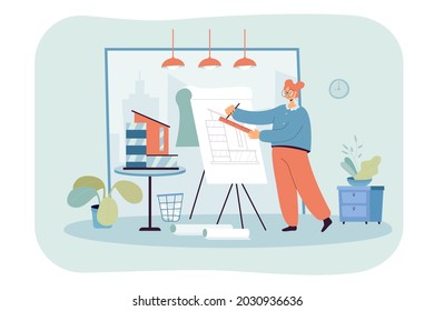 Woman architect working in studio flat vector illustration. Cartoon girl designing new building, drawing graphic plan in office interior. Engineer, design, architecture, creativity, job concept