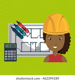 woman architecture calculator plans vector illustration graphic